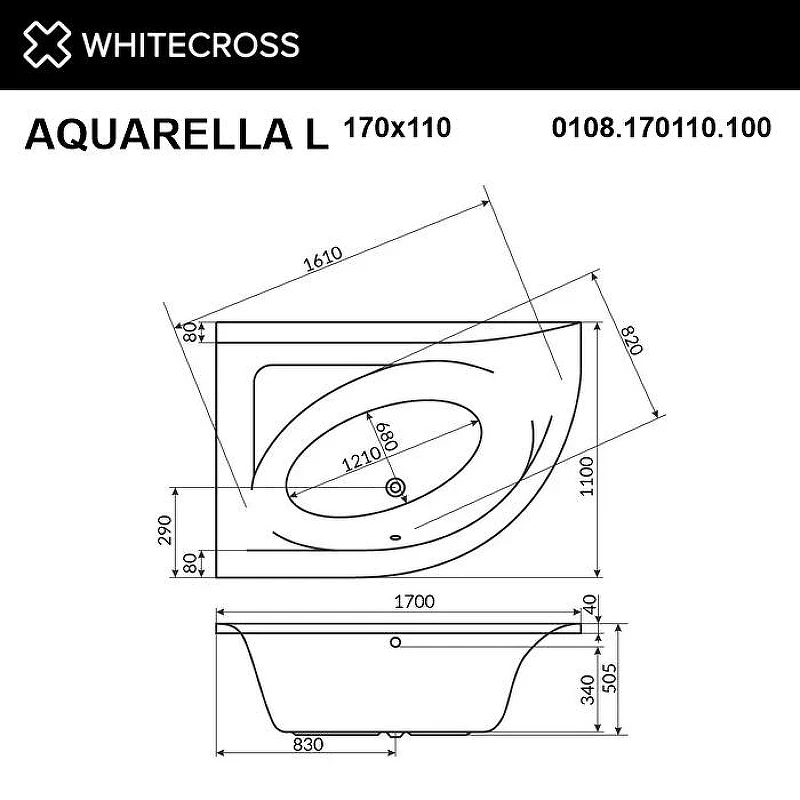 Акриловая ванна Whitecross Aquarella 170x110 L 0108.170110.100.ULTRA.BR цвет Белый с гидромассажем форсунки Бронза