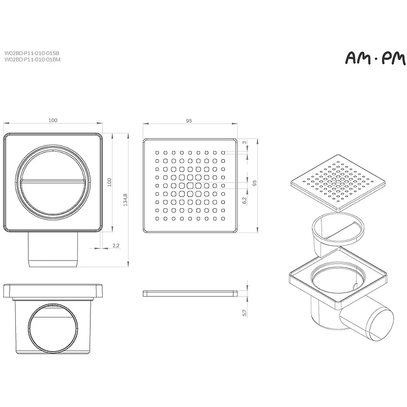 Душевой трап AM.PM PrimeFlow 10 W02BD-P11-010-01SB с решеткой Хром матовый Cut Gradient