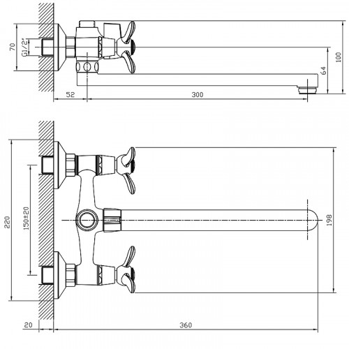 Смеситель для ванны Rossinka Q02-80 универсальный Хром латунь на стену