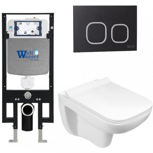 Комплект унитаза с инсталляцией WeltWasser AMBERG 497 + KEHLBACH 004 GL-WT + AMBERG RD-BL 10000006627 цвет Белый глянцевый с сиденьем Микролифт и клавишей смыва цвет Черный