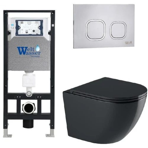 Комплект унитаза с инсталляцией WeltWasser AMBERG 506 + MERZBACH 041 XL MT-BL + AMBERG RD-MT CR 10000010950 цвет Черный матовый с сиденьем Микролифт и клавишей смыва цвет Хром матовый