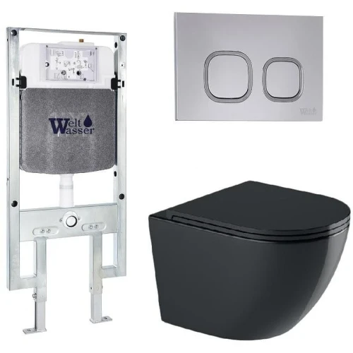 Комплект унитаза с инсталляцией WeltWasser AMBERG 497 ST + MERZBACH 043 GL-BL + AMBERG RD-CR 10000012182 цвет Черный глянцевый с сиденьем Микролифт и клавишей смыва цвет Хром