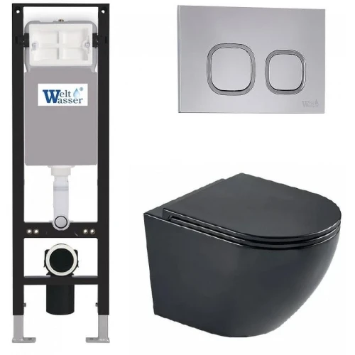 Комплект унитаза с инсталляцией WeltWasser AMBERG 350 + MERZBACH 043 MT-BL + AMBERG RD-CR 10000012380 цвет Черный матовый с сиденьем Микролифт и клавишей смыва цвет Хром