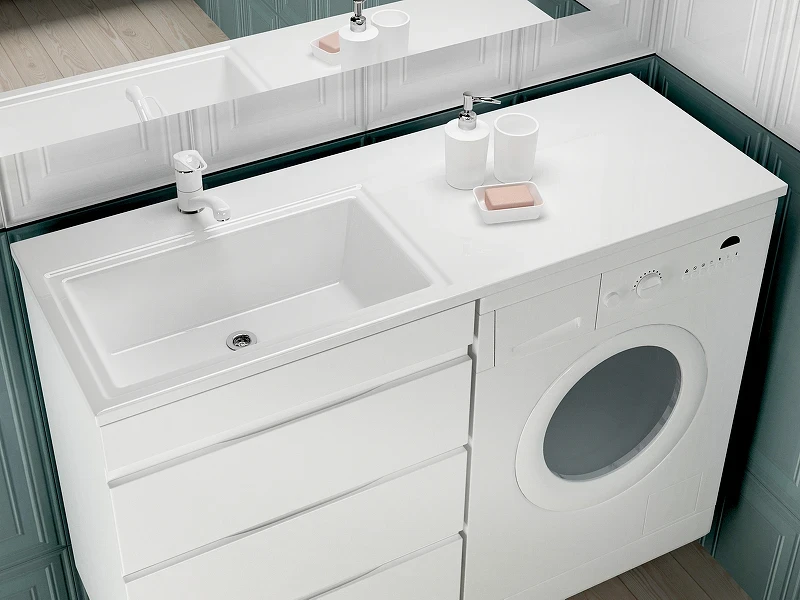 Раковина Style Line Estetus Даллас 130 L СС-00002391 с местом под стиральную машину Белая искусственный камень (литьевой мрамор) полувстраиваемая, с местом под стиральную машину
