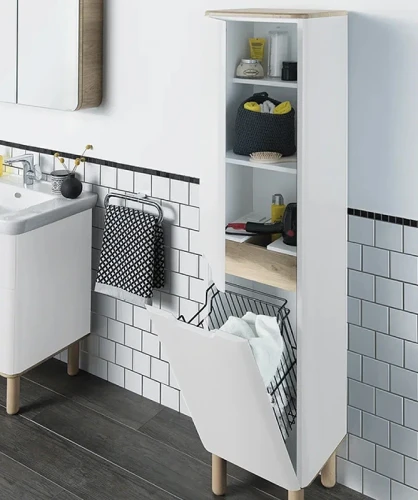 Шкаф пенал Vitra Sento 40 L 60854 подвесной с бельевое корзиной Белый матовый МДФ / ЛДСП