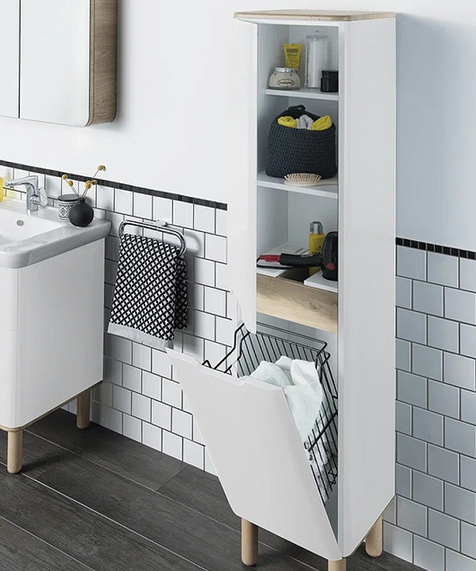 Шкаф пенал Vitra Sento 40 L 60854 подвесной с бельевое корзиной Белый матовый МДФ / ЛДСП