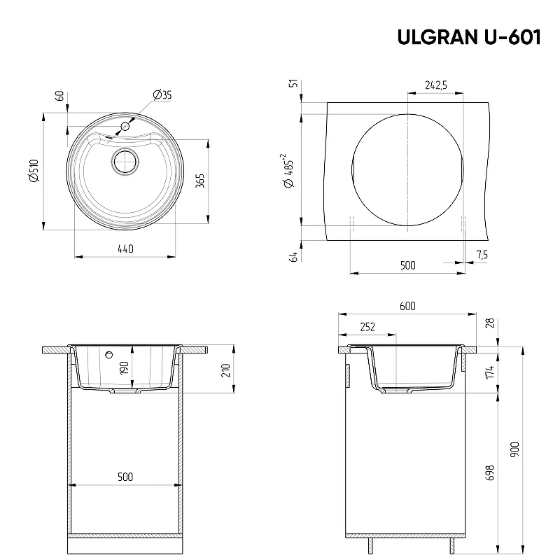 Кухонная мойка Ulgran Classic U-601-328 Бежевая искусственный камень (литьевой мрамор) встраиваемый