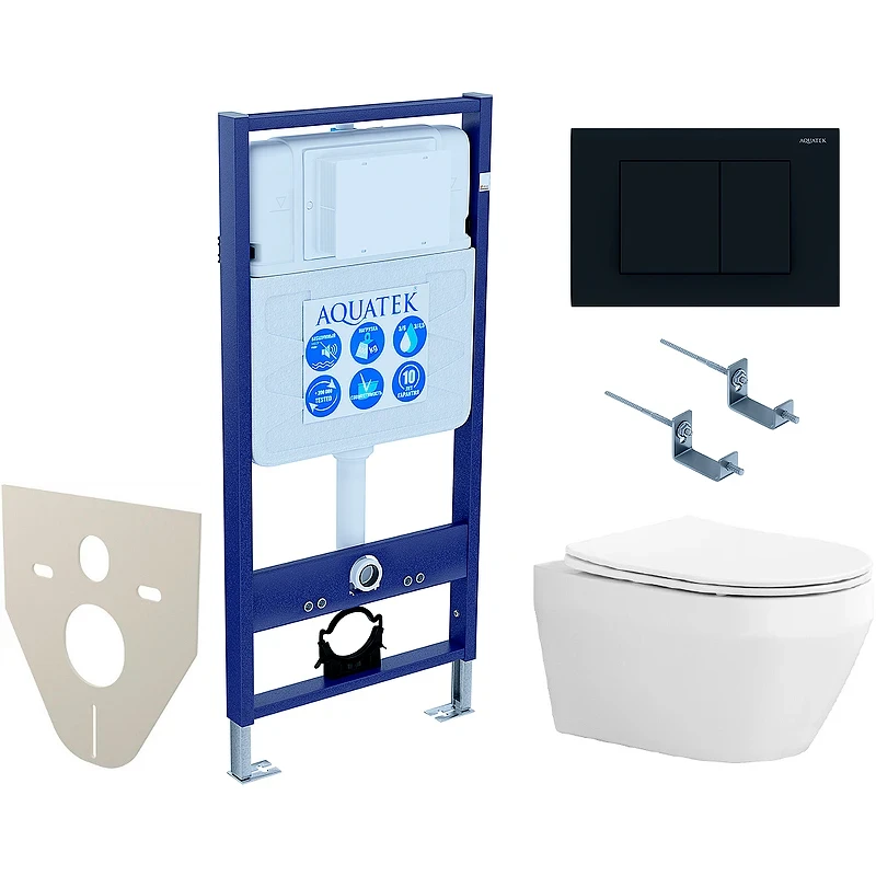 Комплект унитаза с инсталляцией Aquatek Set Aquatek Лея-012 4в1 с сиденьем Микролифт и Черной матовой клавишей смыва фарфор подвесной