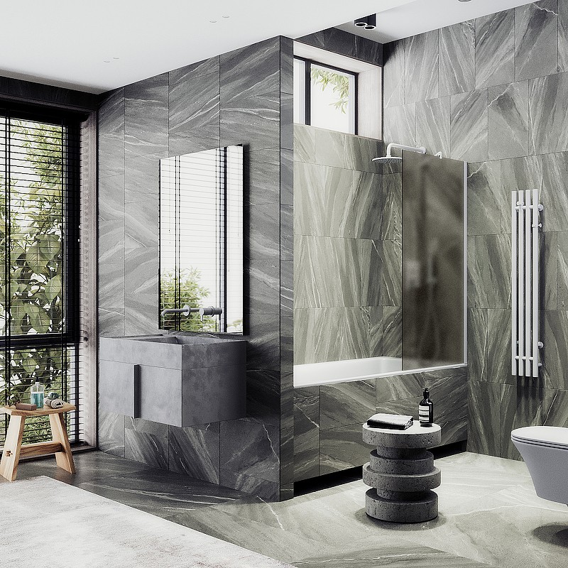 Шторка на ванну Maybah Glass MGV-77-1ш 900x1400 в широком профиле Белый стекло бронзовое матовое