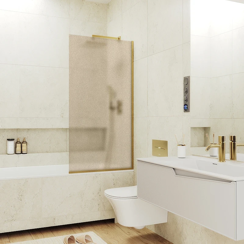 Шторка на ванну Maybah Glass MGV-74-3у 600x1400 в узком профиле Золото стекло бронзовое матовое