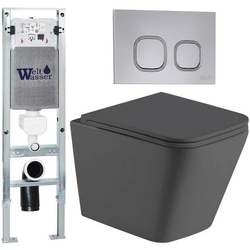 Комплект унитаза с инсталляцией WeltWasser AMBERG 350 ST + GELBACH 043 MT-GR + AMBERG RD-CR 10000012011 цвет Серый матовый с сиденьем Микролифт и клавишей смыва цвет Хром