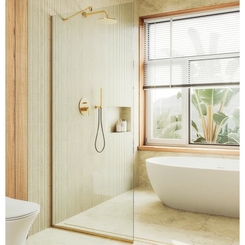 Душевая перегородка Maybah Glass MGD-677-3у 1090x1950 в узком профиле Золото стекло прозрачное