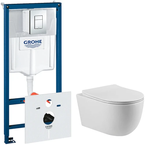 Комплект унитаза Vincea Evo Rimless VT1-34S с инсталляцией Grohe Rapid SL 38775001 с сиденьем Микролифт и клавишей смыва Хром фарфор подвесной