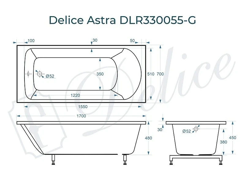 Ванна из искусственного камня Delice Astra 170х70 DLR330055-G цвет Белый глянцевый