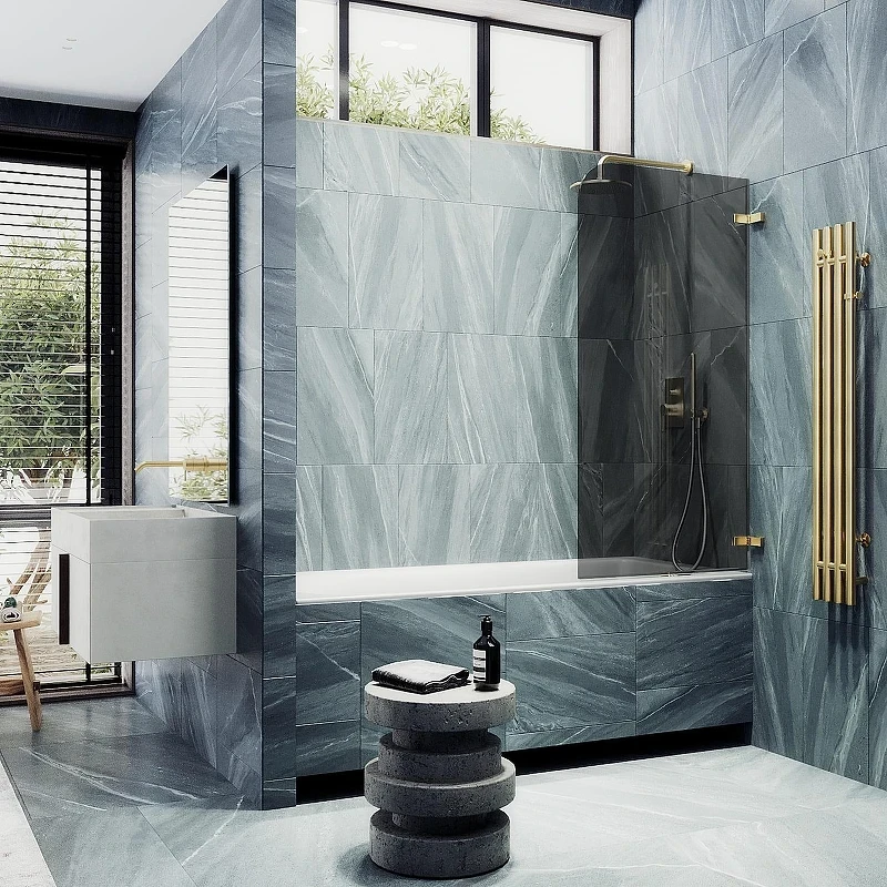 Шторка для ванны Maybah Glass MGV-650-3 405х1400 поворотная на петлях Золото стекло графитовое