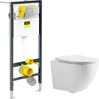 Комплект унитаза CeramaLux 2197 с инсталляцией Viega Prevista Dry 8524.14 792596 с сиденьем Микролифт и клавишей смыва Хром фаянс подвесной
