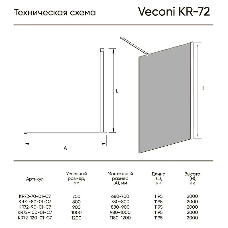 Душевая перегородка Veconi Korato KR-72 90 KR72-90-01-C7 профиль Хром стекло прозрачное