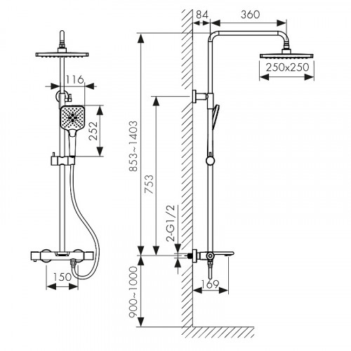 Душевая система Kaiser Serio 05382-3 с термостатом Шлифованное золото латунь на стену