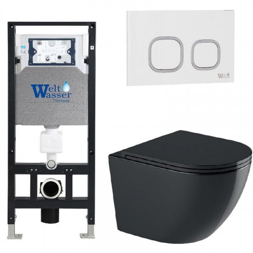 Комплект унитаза с инсталляцией WeltWasser AMBERG 506 + MERZBACH 041 XL MT-BL + AMBERG RD-WT 10000010951 цвет Черный матовый с сиденьем Микролифт и клавишей смыва цвет Белый