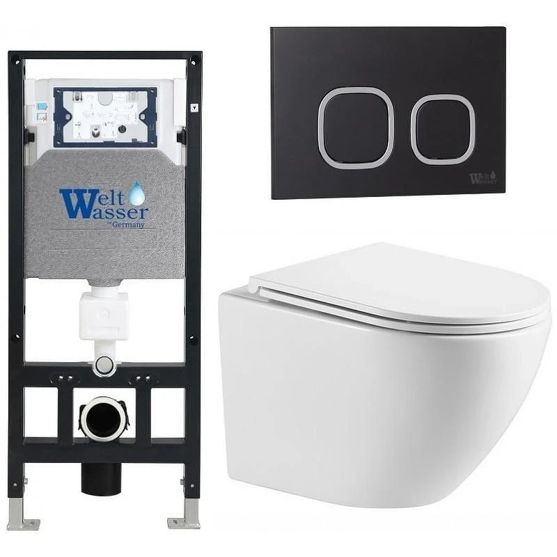 Комплект унитаза с инсталляцией WeltWasser AMBERG 506 + MERZBACH 043 MT-WT + AMBERG RD-BL 10000011420 цвет Белый матовый с сиденьем Микролифт и клавишей смыва цвет Черный