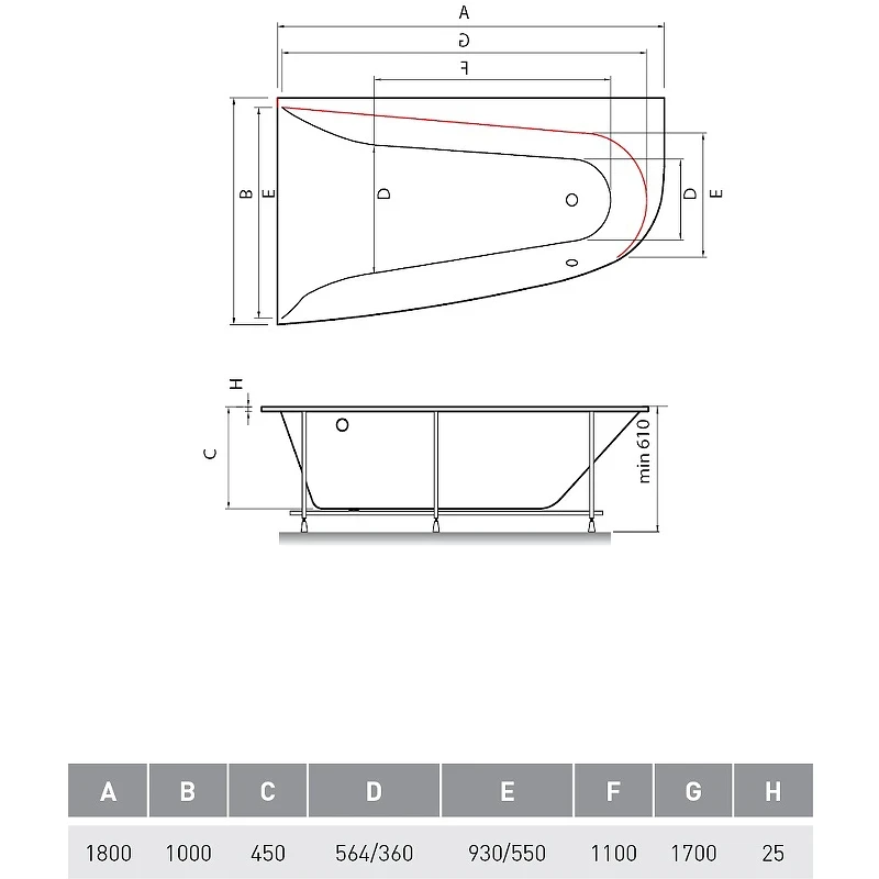 Акриловая ванна Vayer Boomerang 170x90 L Гл000009592 без гидромассажа