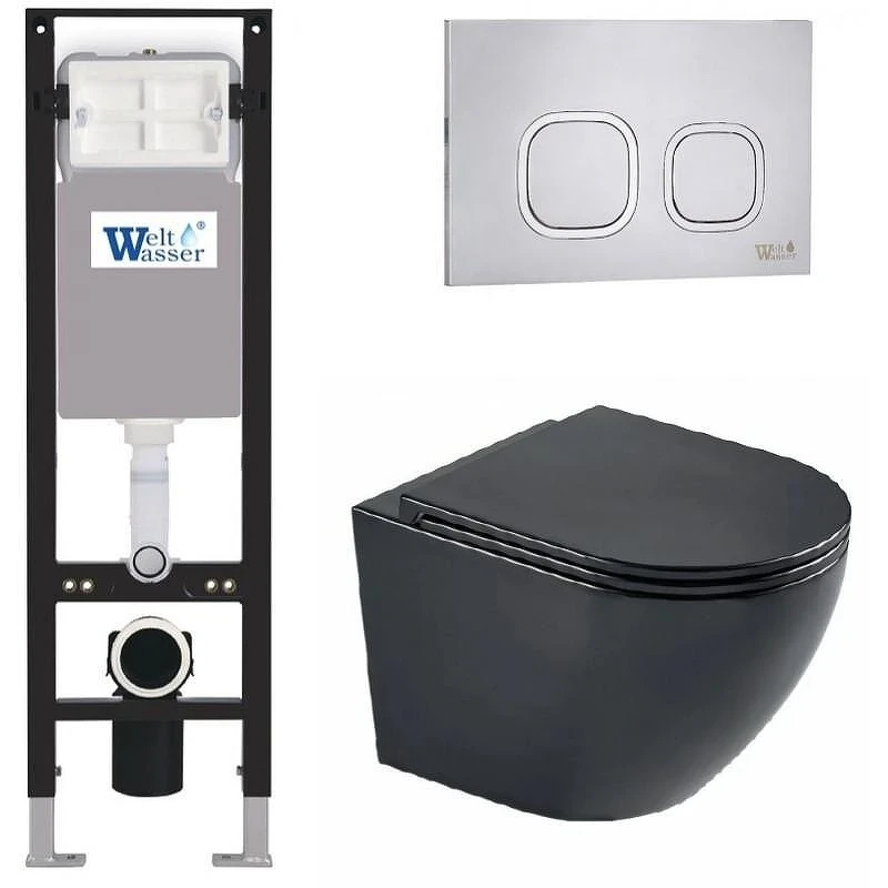 Комплект унитаза с инсталляцией WeltWasser AMBERG 350 + MERZBACH 043 MT-BL + AMBERG RD-MT CR 10000012381 цвет Черный матовый с сиденьем Микролифт и клавишей смыва цвет Хром матовый