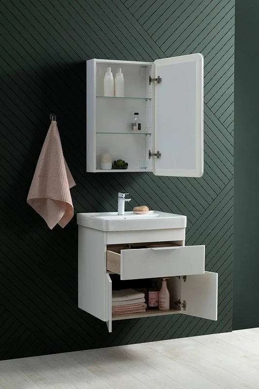 Тумба с раковиной Aquanet Ирис new 50 312421 подвесная Белый глянец МДФ / ЛДСП