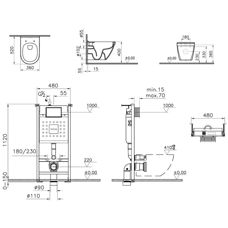 Комплект унитаза с инсталляцией Vitra L-Box S50 9003B003-7203 с сиденьем Микролифт и Белой глянцевой клавишей смыва