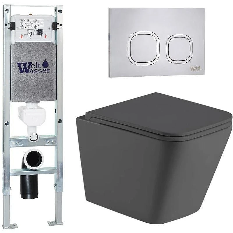 Комплект унитаза с инсталляцией WeltWasser AMBERG 350 ST + GELBACH 043 MT-GR + AMBERG RD-MT CR 10000012012 цвет Серый матовый с сиденьем Микролифт и клавишей смыва цвет Хром матовый