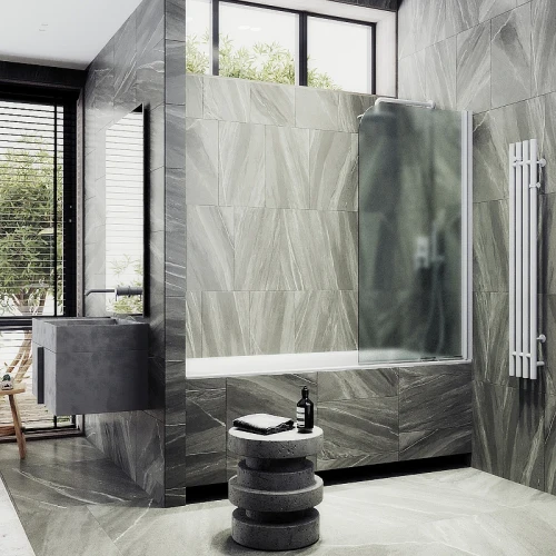 Шторка на ванну Maybah Glass MGV-615-1 600x1400 поворотная на монопетле Белый стекло сатиновое