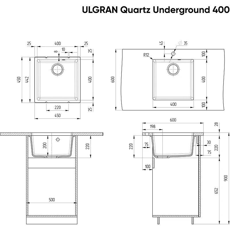 Кухонная мойка Ulgran Quartz Underground 400-02 Лен искусственный камень (литьевой мрамор) встраиваемый