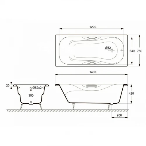 Чугунная ванна Delice Malibu 140x75 DLR230628R с отверстиями под ручки без антискользящего покрытия