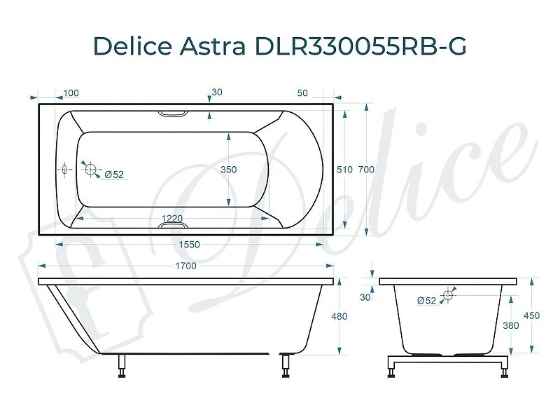 Ванна из искусственного камня Delice Astra 170х70 DLR330055RB-G цвет Белый глянцевый с черными ручками