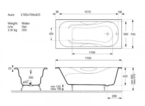 Чугунная ванна Vinsent Veron Aura 170x70 VAU1707042 цвет Белый