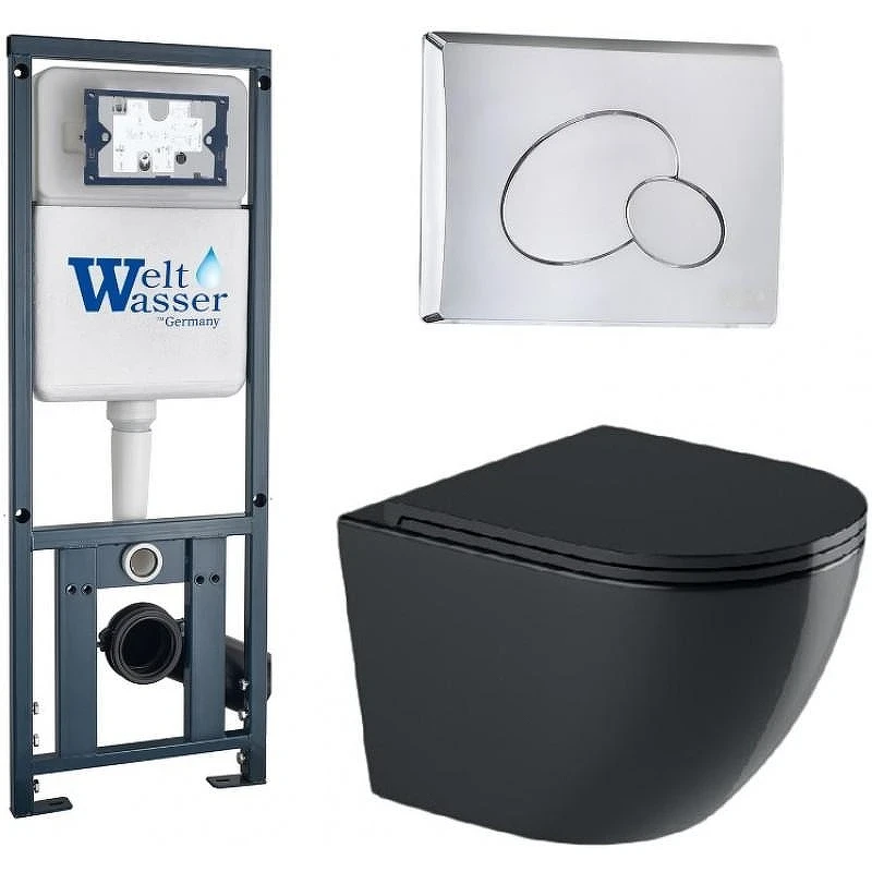 Комплект унитаза с инсталляцией WeltWasser MARBERG 410 + MERZBACH 041 XL MT-BL + MAR 410 RD 10000010953 цвет Черный матовый с сиденьем Микролифт и клавишей смыва цвет Хром