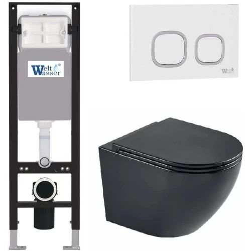 Комплект унитаза с инсталляцией WeltWasser AMBERG 350 + MERZBACH 043 MT-BL + AMBERG RD-WT 10000012382 цвет Черный матовый с сиденьем Микролифт и клавишей смыва цвет Белый