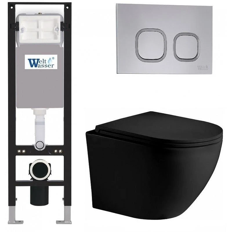 Комплект унитаза с инсталляцией WeltWasser AMBERG 350 + MERZBACH 043 XL MT-BL + AMBERG RD-CR 10000014098 цвет Черный матовый с сиденьем Микролифт и клавишей смыва цвет Хром