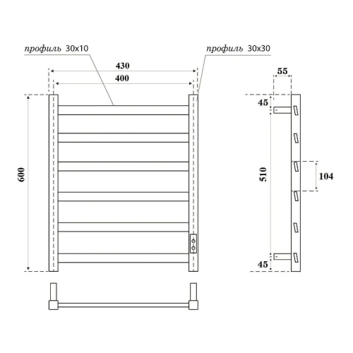 Электрический полотенцесушитель Point Атлант П6 600x430 PN18846B диммер справа цвет Черный