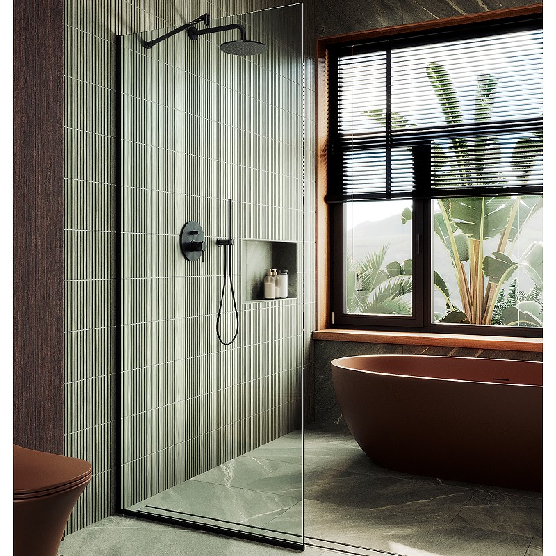 Душевая перегородка Maybah Glass MGD-677-6у 1090x1950 в узком профиле Черный стекло прозрачное