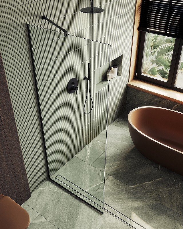 Душевая перегородка Maybah Glass MGD-677-6у 1090x1950 в узком профиле Черный стекло прозрачное