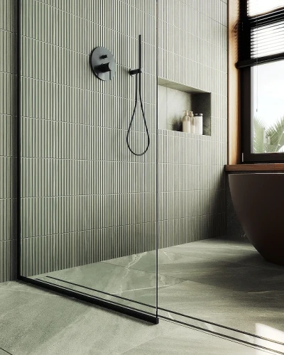 Душевая перегородка Maybah Glass MGD-677-6у 1090x1950 в узком профиле Черный стекло прозрачное