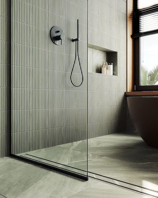 Душевая перегородка Maybah Glass MGD-677-6у 1090x1950 в узком профиле Черный стекло прозрачное