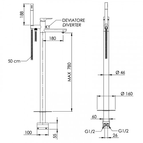 Смеситель для ванны Remer Infinity I08DO Золото глянцевое
