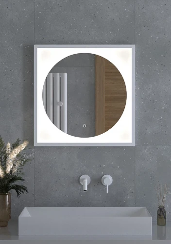 Зеркало Defesto Eclipce 60х60 DF 2226S с подсветкой 12W-4500К/в багетной раме/Сенсорный выключатель/Нейтральный белый свет/Белая рама