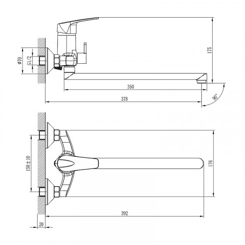 Смеситель для ванны Rossinka D40-32 универсальный Хром латунь на стену