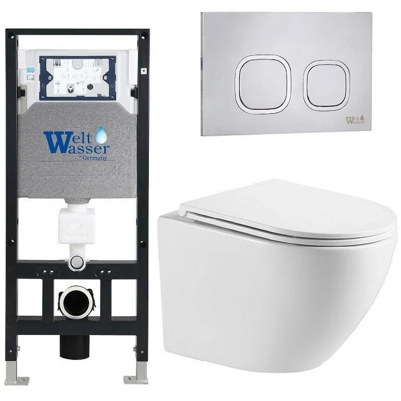 Комплект унитаза с инсталляцией WeltWasser AMBERG 506 + MERZBACH 043 MT-WT + AMBERG RD-MT CR 10000011422 цвет Белый матовый с сиденьем Микролифт и клавишей смыва цвет Хром матовый