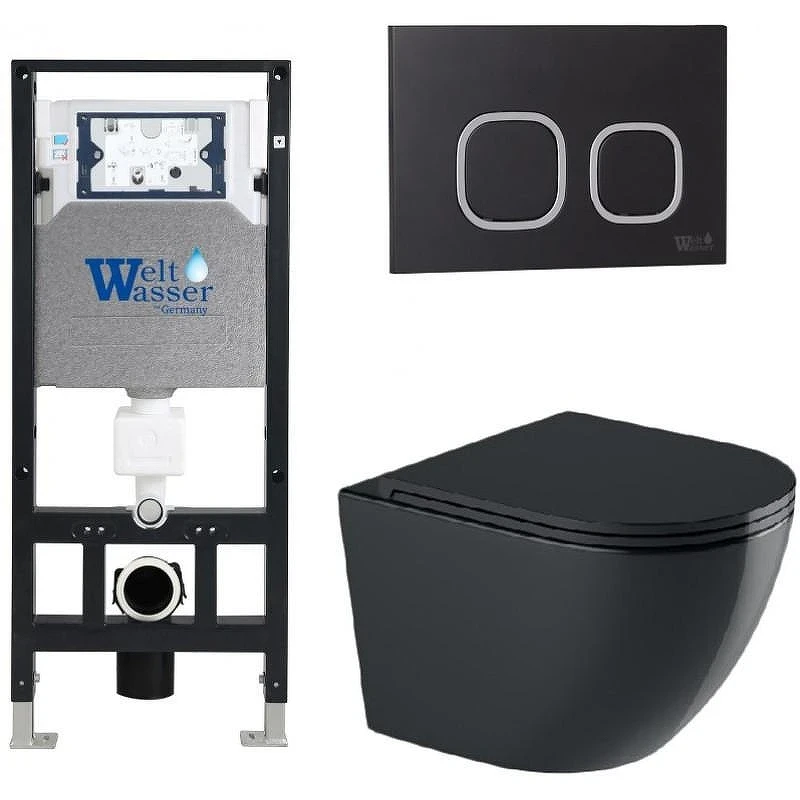 Комплект унитаза с инсталляцией WeltWasser AMBERG 506 + MERZBACH 043 GL-BL + AMBERG RD-BL 10000012186 цвет Черный глянцевый с сиденьем Микролифт и клавишей смыва цвет Черный
