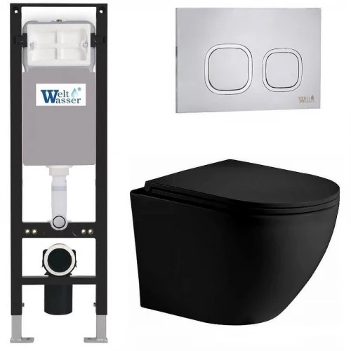 Комплект унитаза с инсталляцией WeltWasser AMBERG 350 + MERZBACH 043 XL MT-BL + AMBERG RD-MT CR 10000014099 цвет Черный матовый с сиденьем Микролифт и клавишей смыва цвет Хром матовый