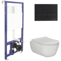 Комплект унитаза с инсталляцией Berges Ego Rimless 525 047215 с сиденьем Микролифт и Черной клавишей смыва фарфор подвесной