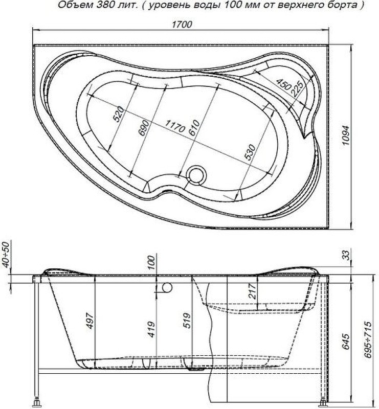 Акриловая ванна Aquanet Capri 170x110 R 203922 без гидромассажа